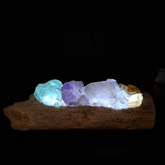 Rainbow crystals and driftwood lamp