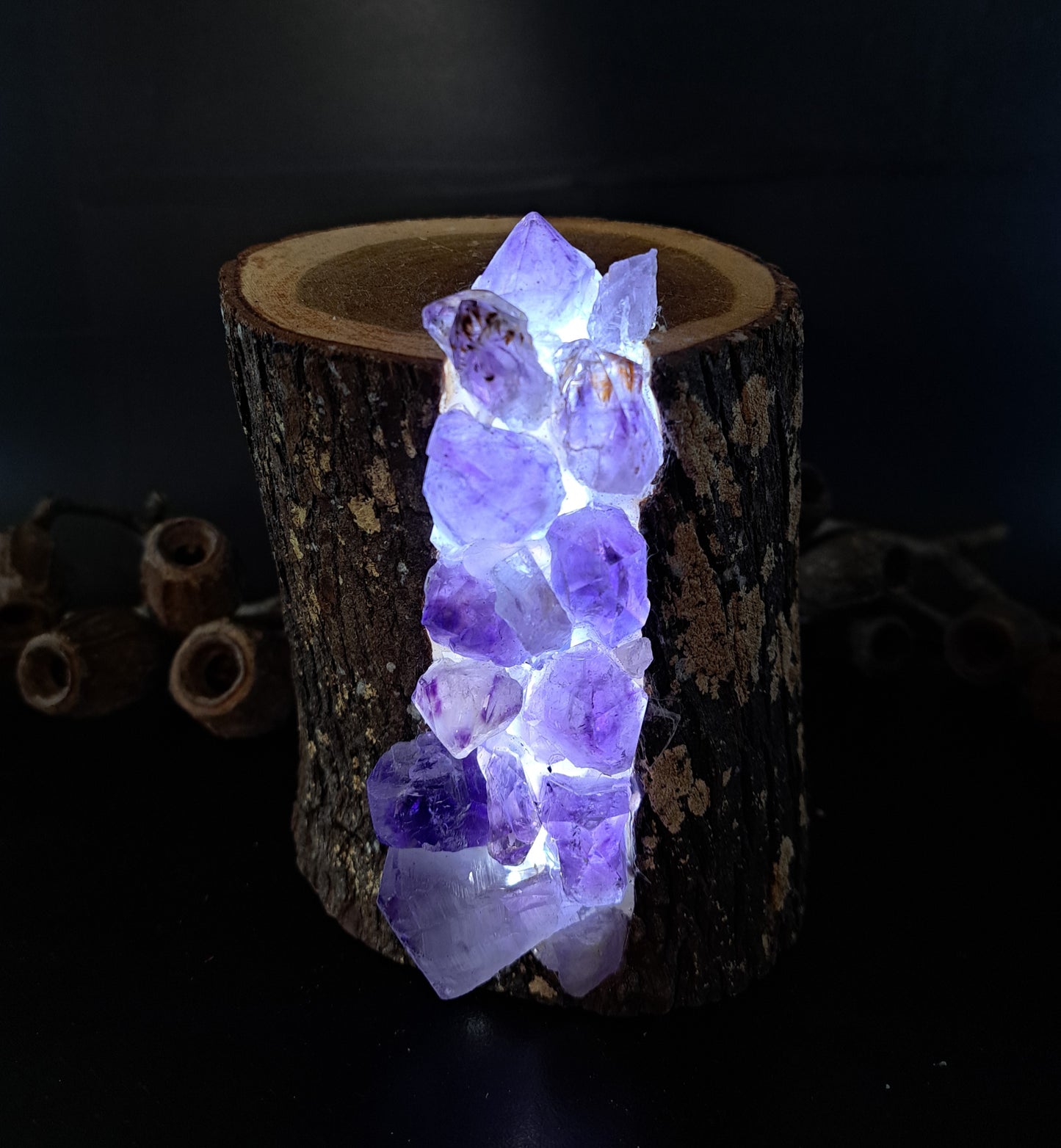 Amethyst and blue cypress stump lamp