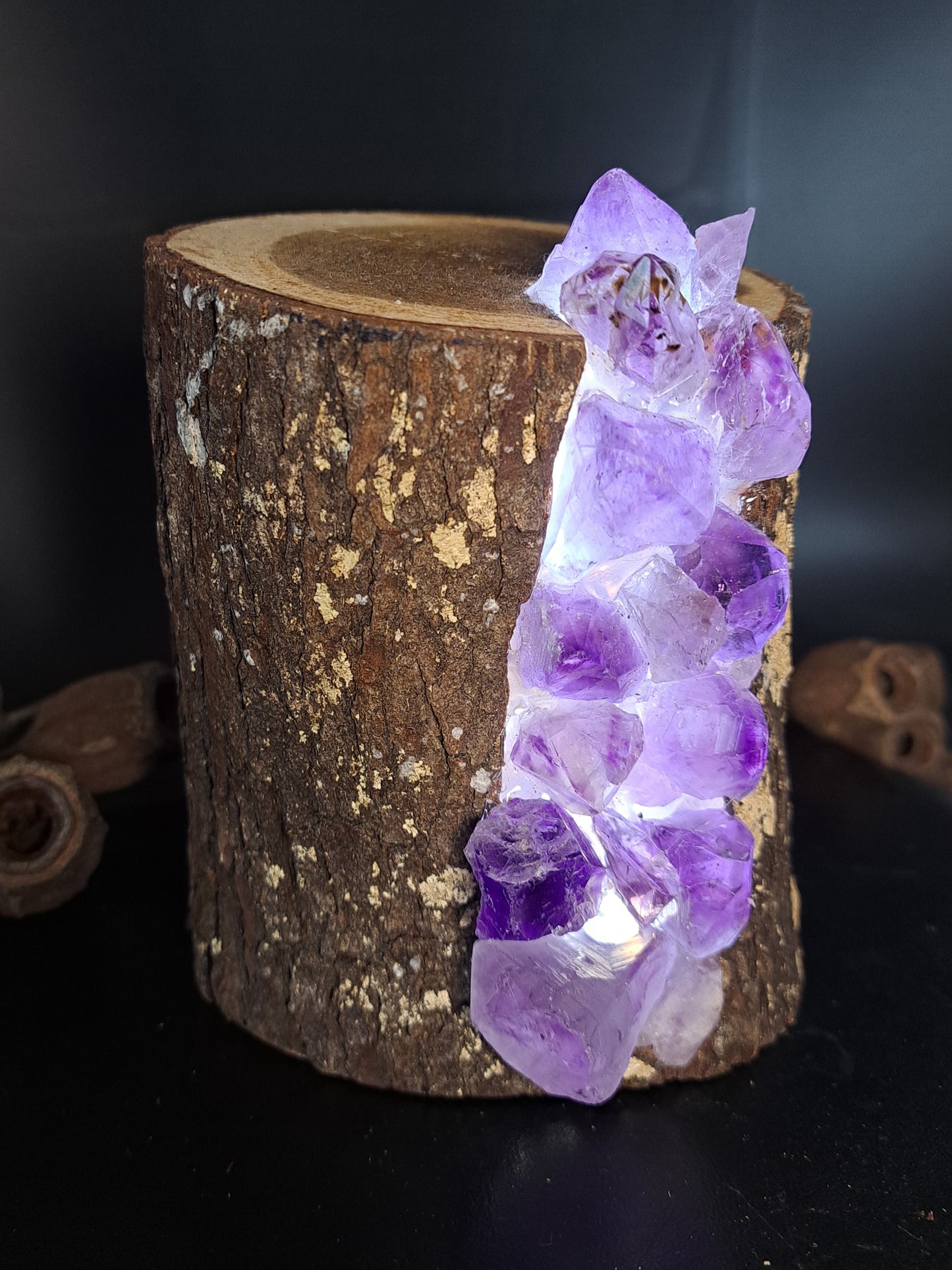 Amethyst and blue cypress stump lamp