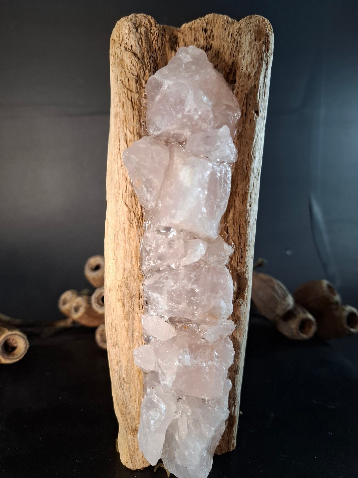 Rose quartz driftwood lamp