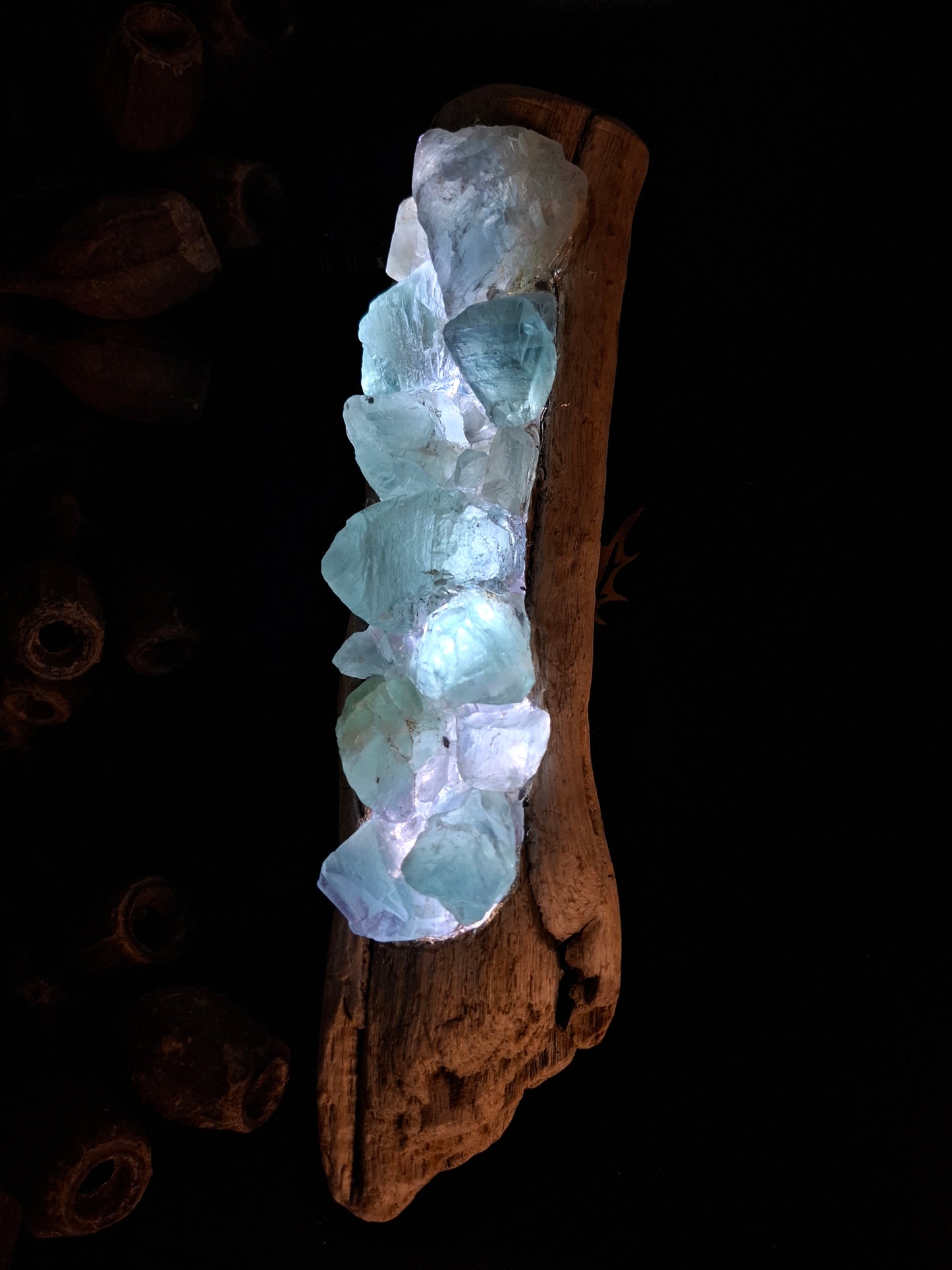 Fluorite and driftwood lamp