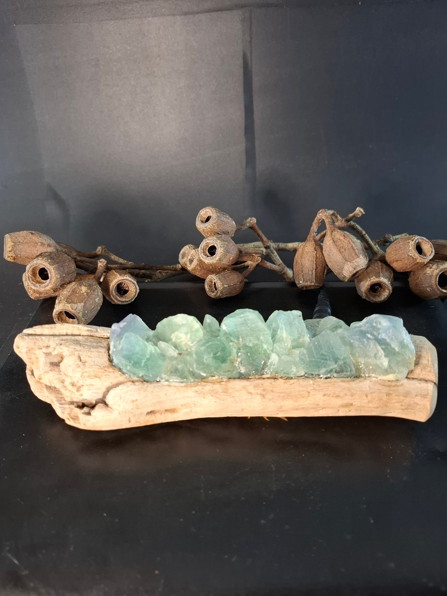 Fluorite and driftwood lamp