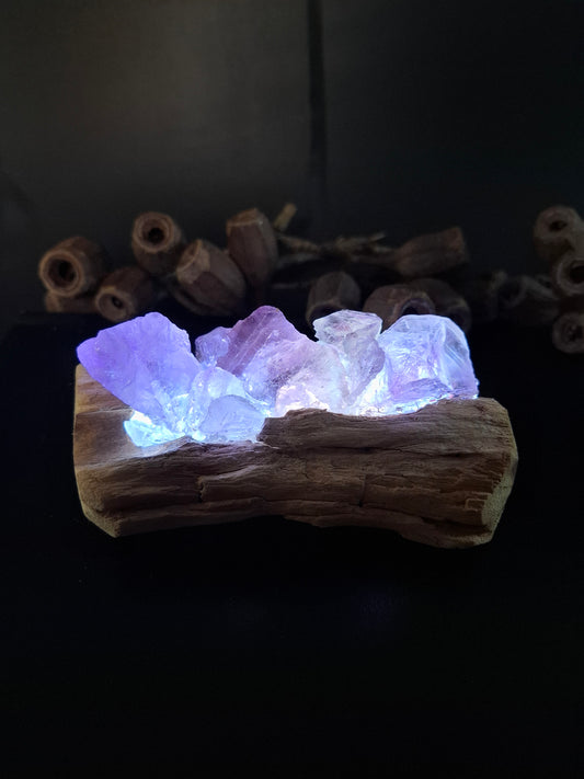 Mini amethyst and driftwood lamp