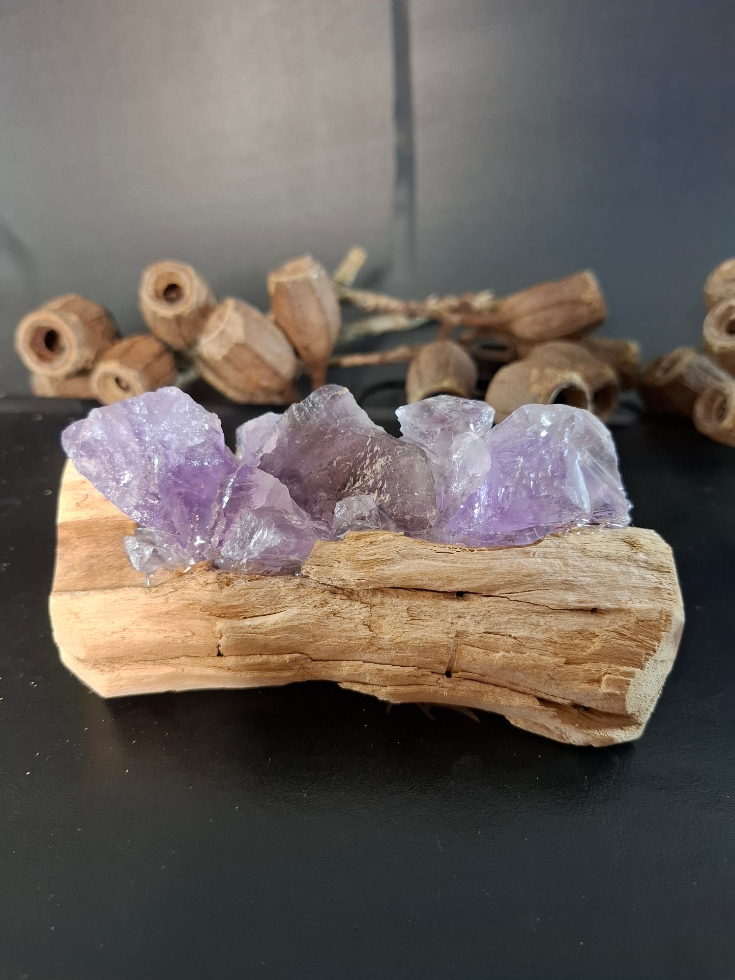 Mini amethyst and driftwood lamp