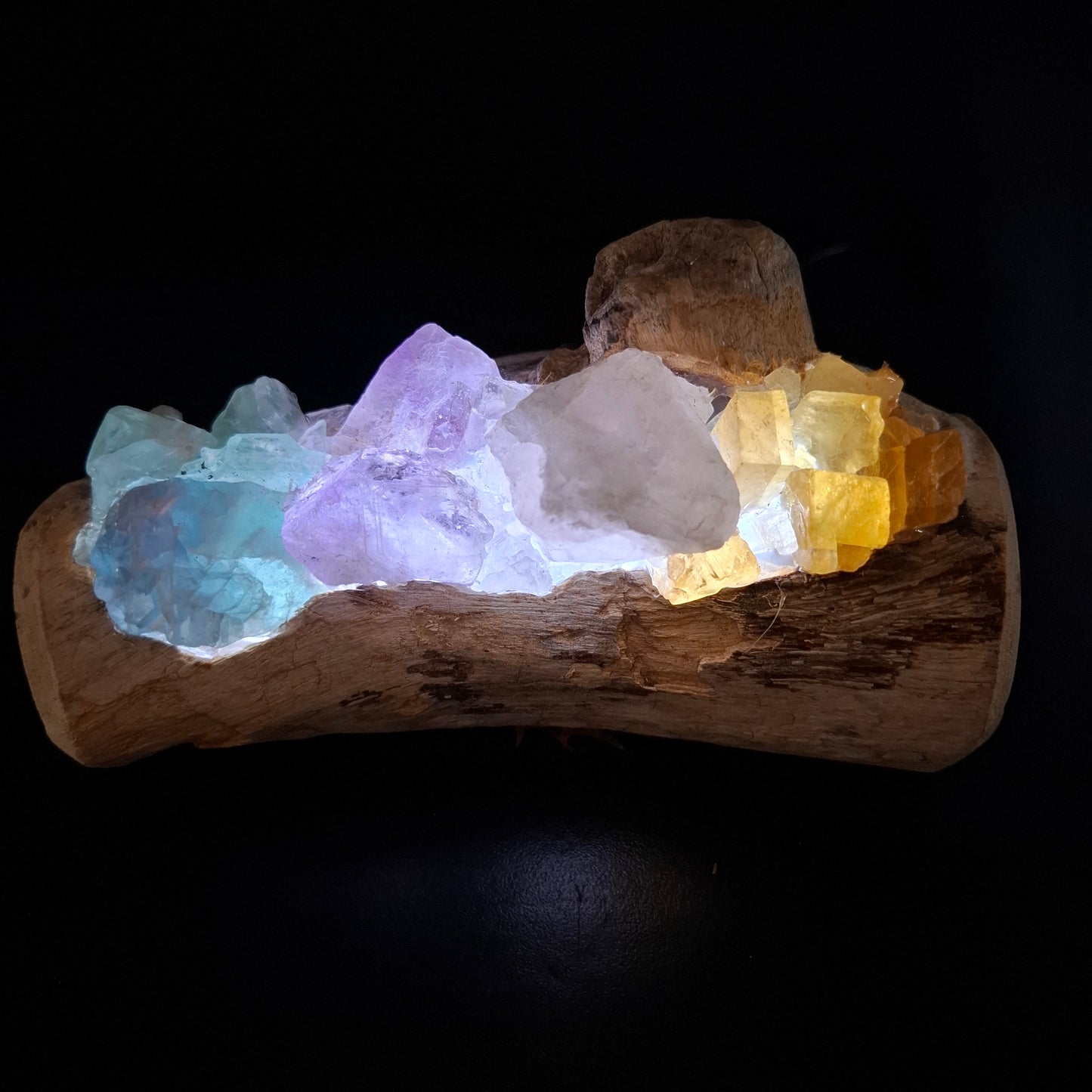 Rainbow crystal and driftwood lamp