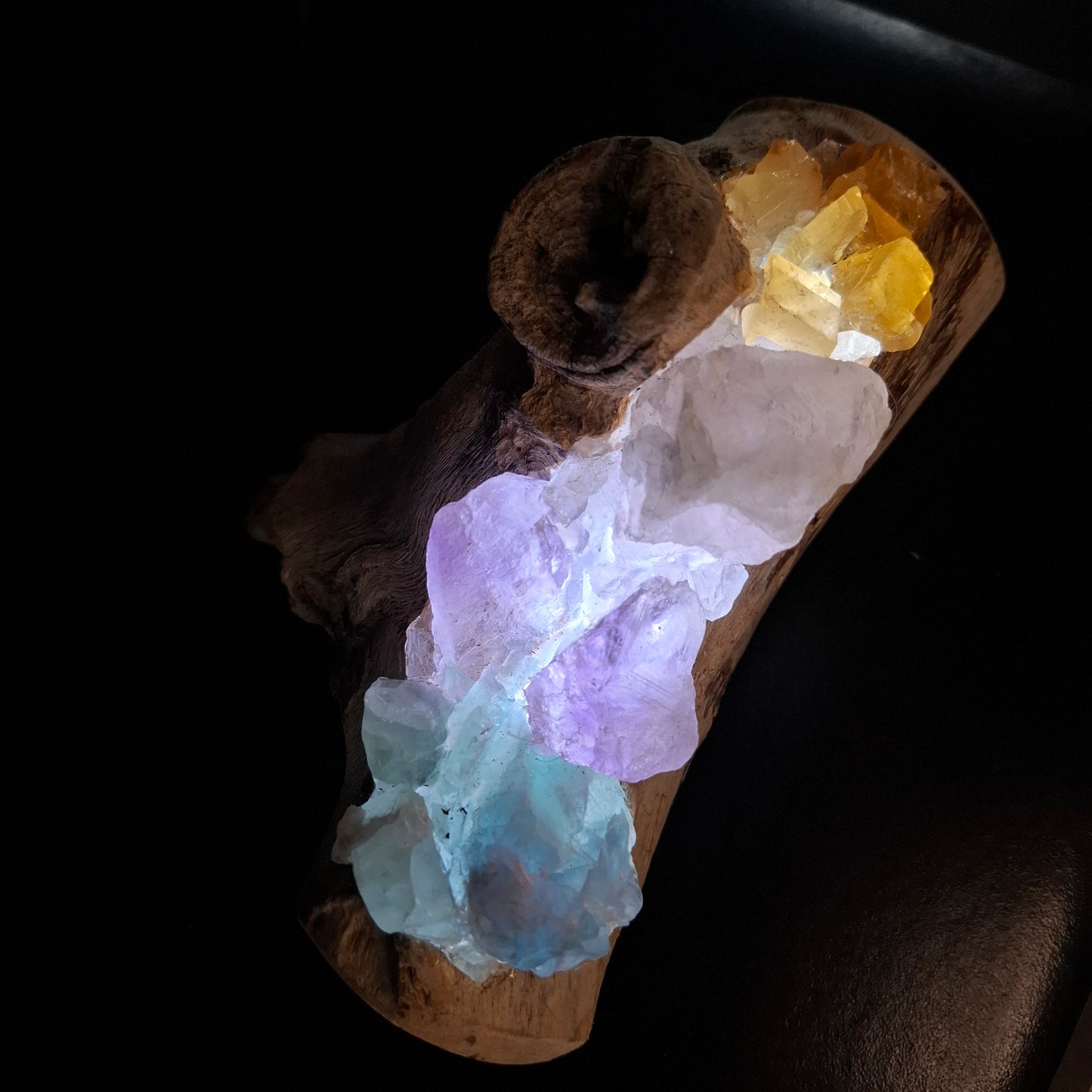 Rainbow crystal and driftwood lamp