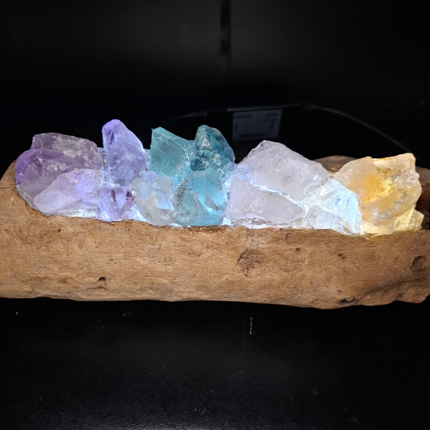 Driftwood and rainbow crystal lamp