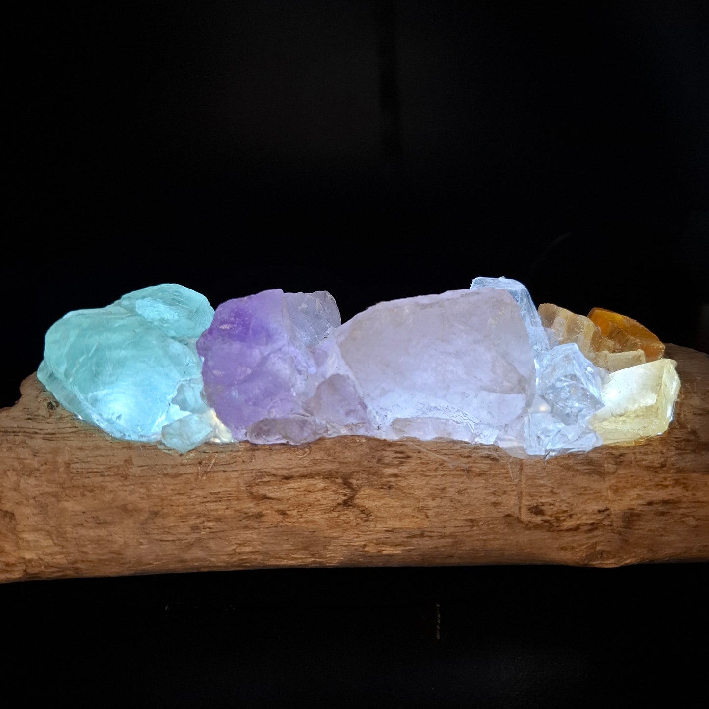 Rainbow crystals and driftwood lamp