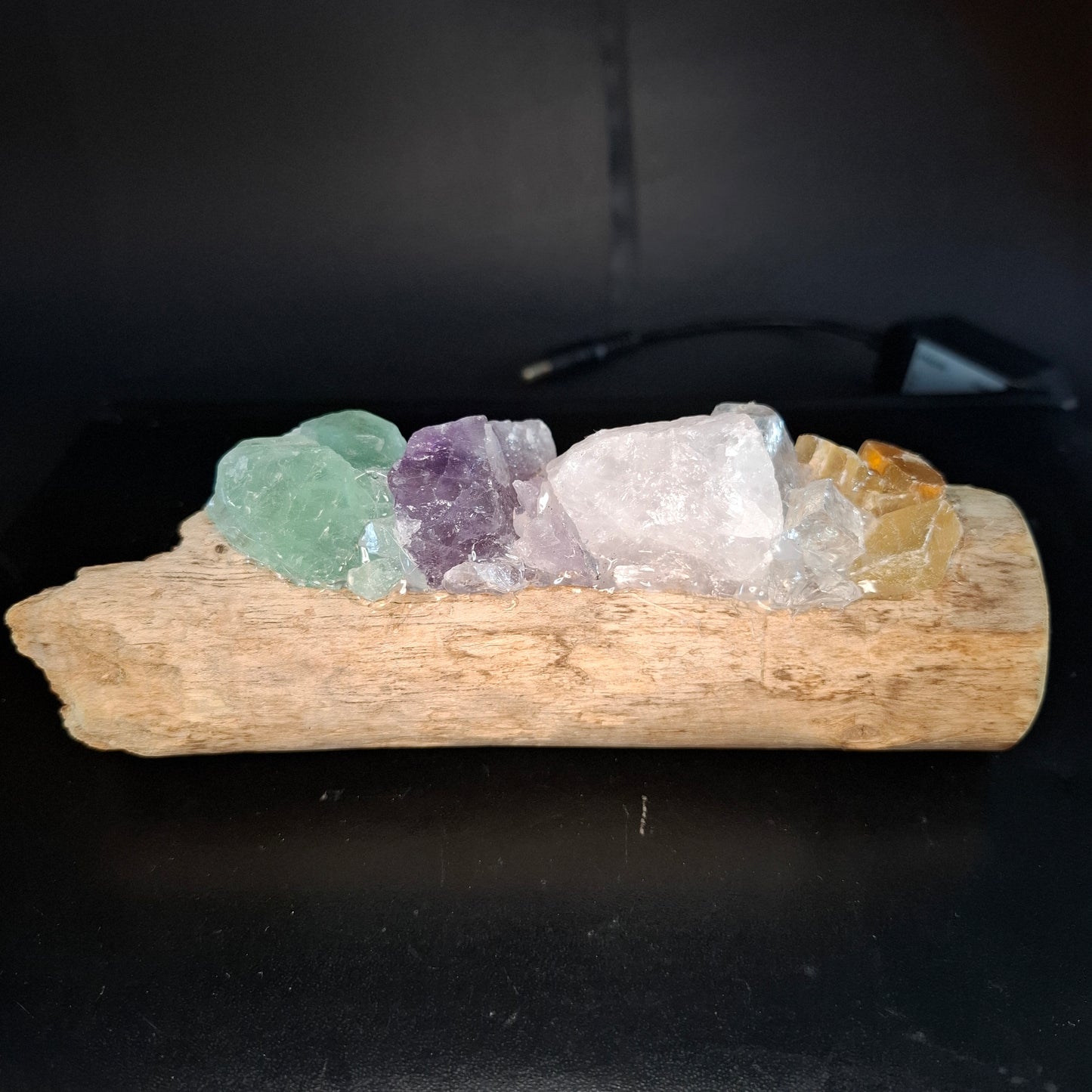 Rainbow crystals and driftwood lamp