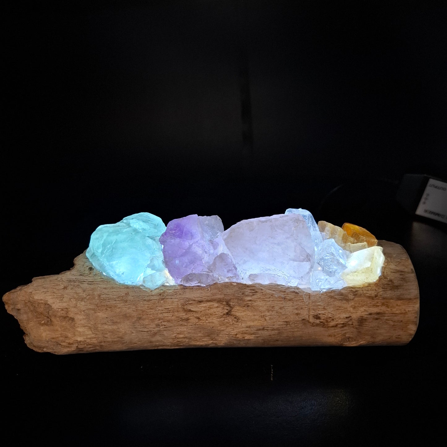 Rainbow crystals and driftwood lamp